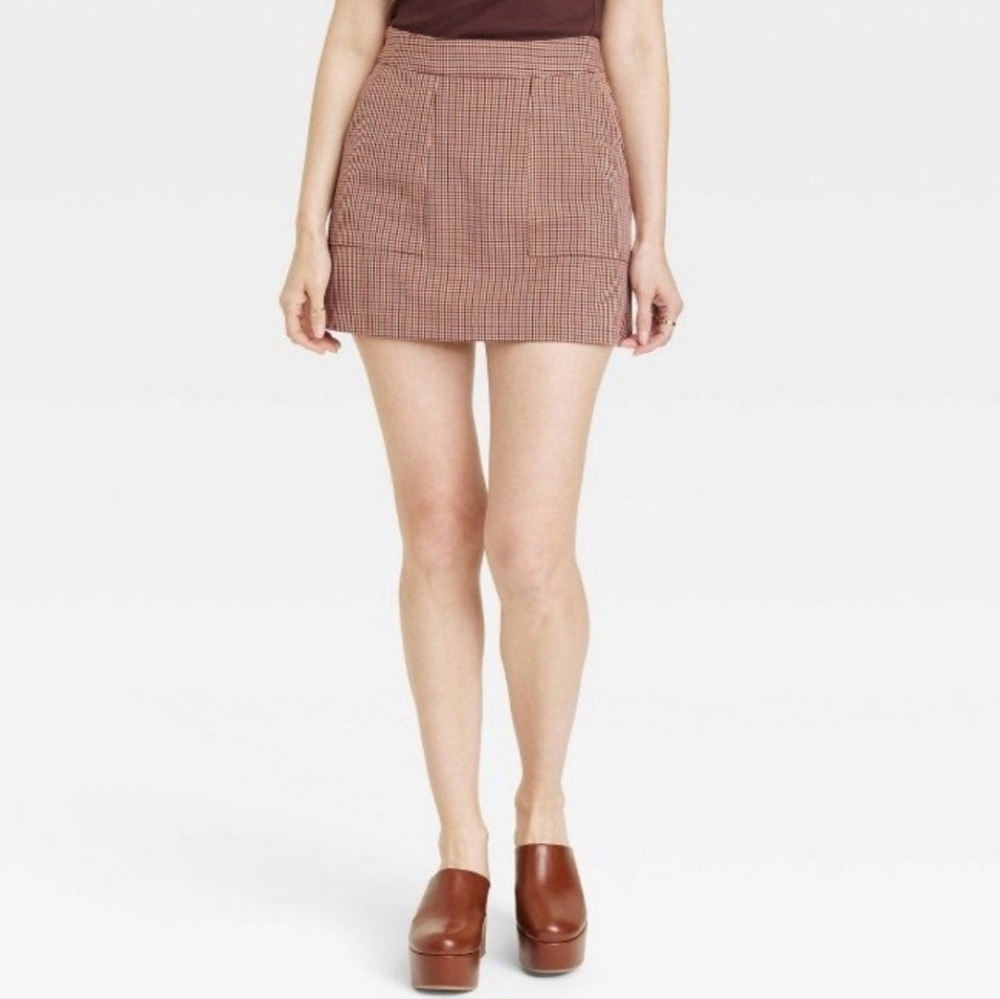 NWT A New Day Plaid Brown Mini Academia Preppy Skirt Size L